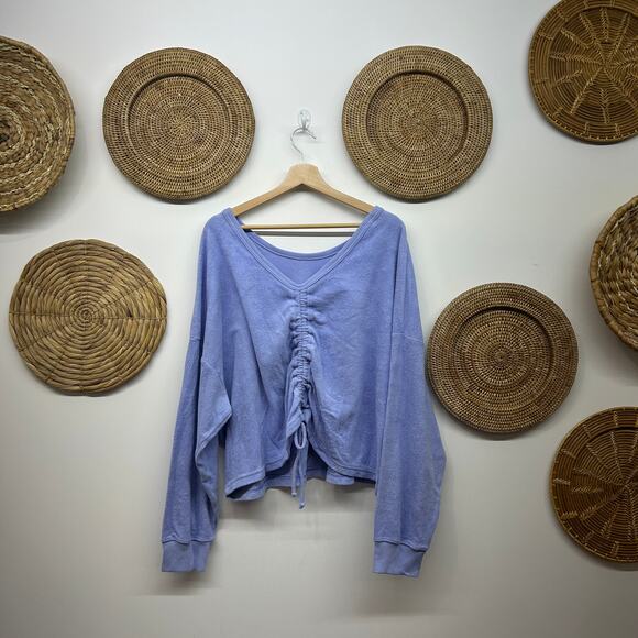 Aerie Oversized Long Sleeve Top Plus Size XXL Baby Blue Terry Cloth Ruched - Picture 2 of 6